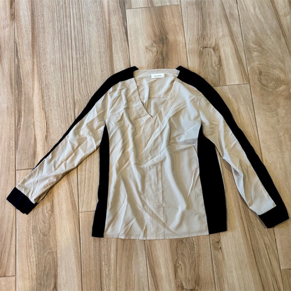 Calvin Klein Blouse Womens Size M Beige Tan Colorblock V-Neck Long Sleeve